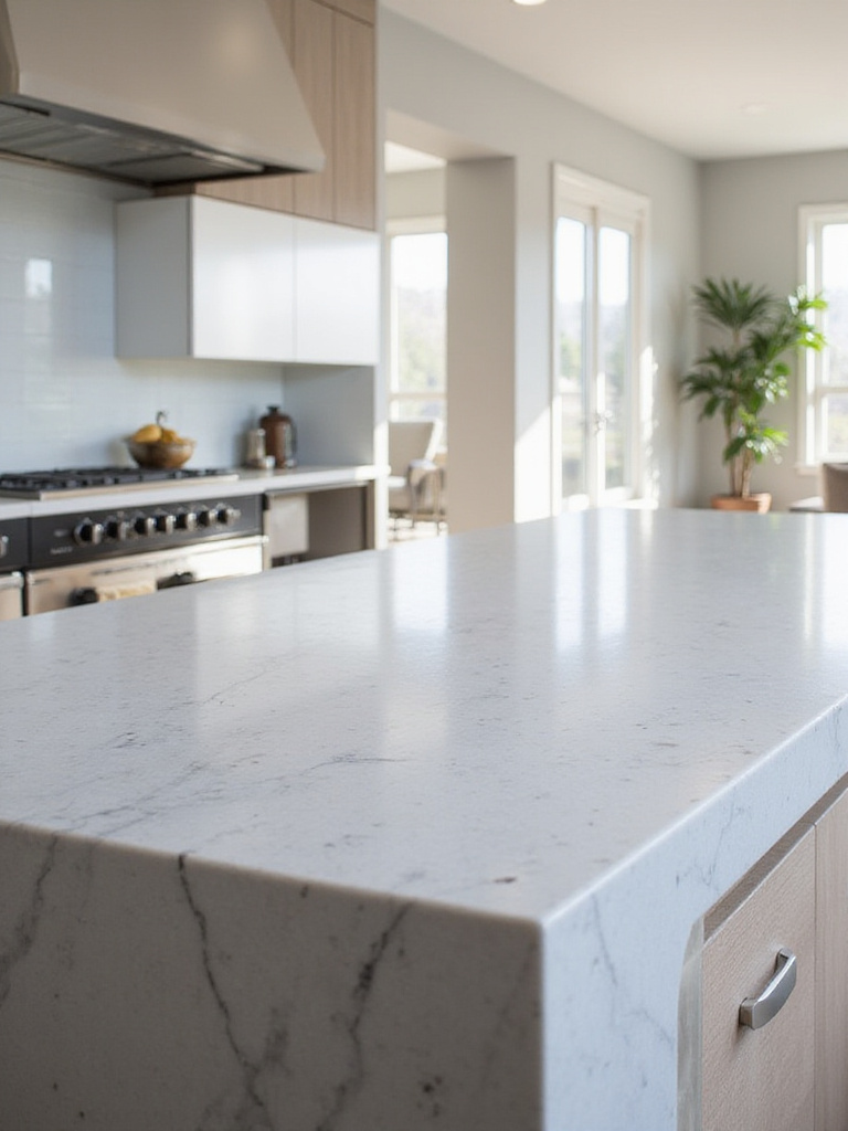 Modern kitchen featuring light grey quartz countertops with waterfall edge on the kitchen island