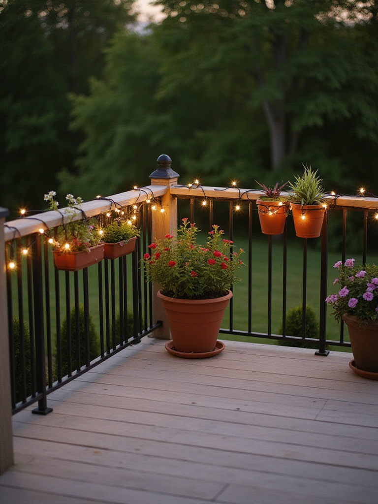 Deck railing decorated with string lights and potted plants, enhancing outdoor living space