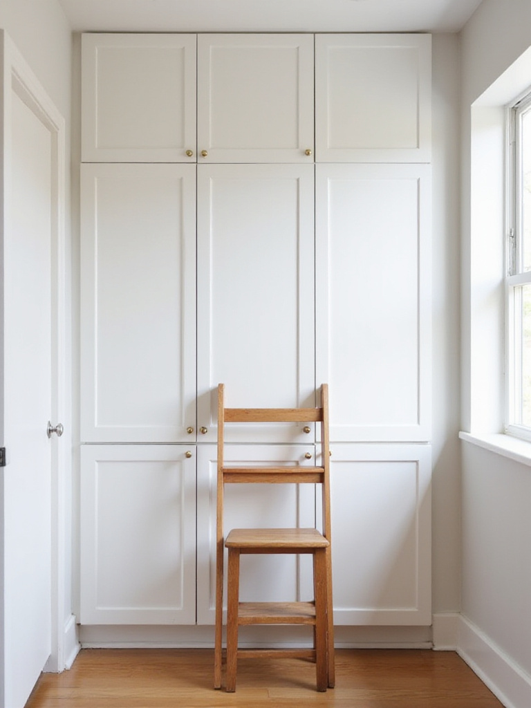 Wooden ladder stool in a modern kitchen used to reach upper cabinets