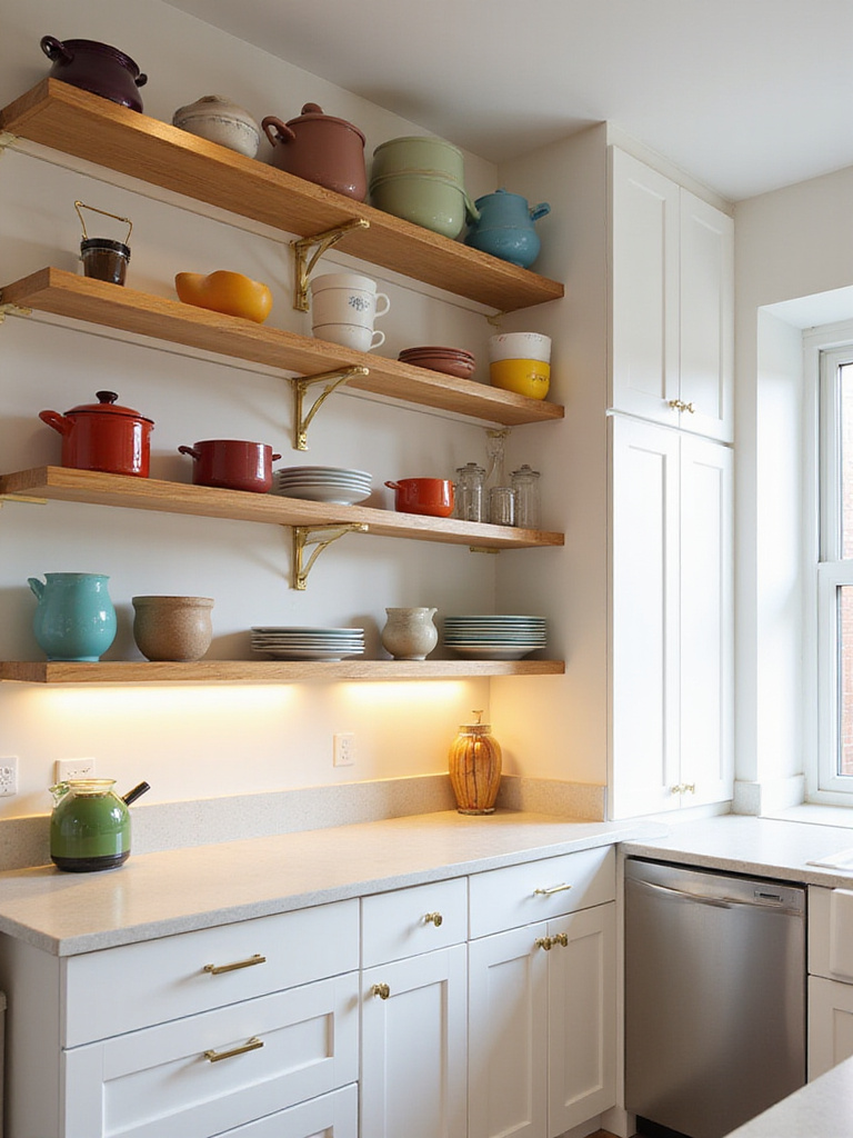 Small kitchen featuring vertical shelving for maximum storage and a clean, organized look.