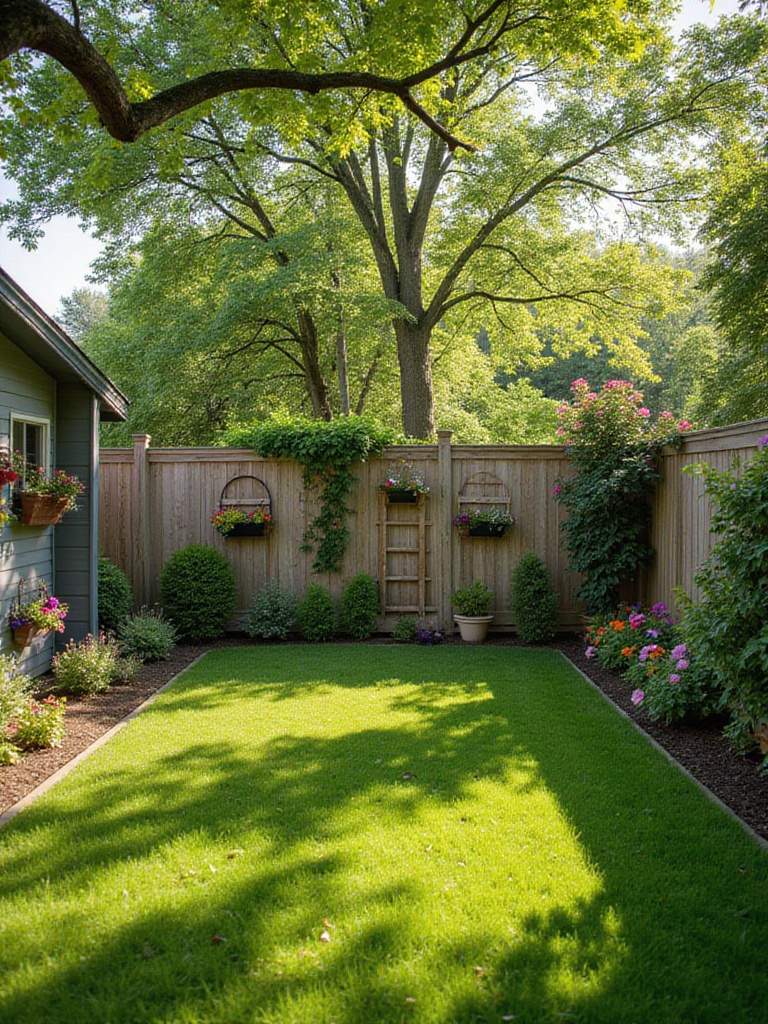 Lawn garden with trellises covered in climbing roses and clematis, and a shed adorned with wall planters.