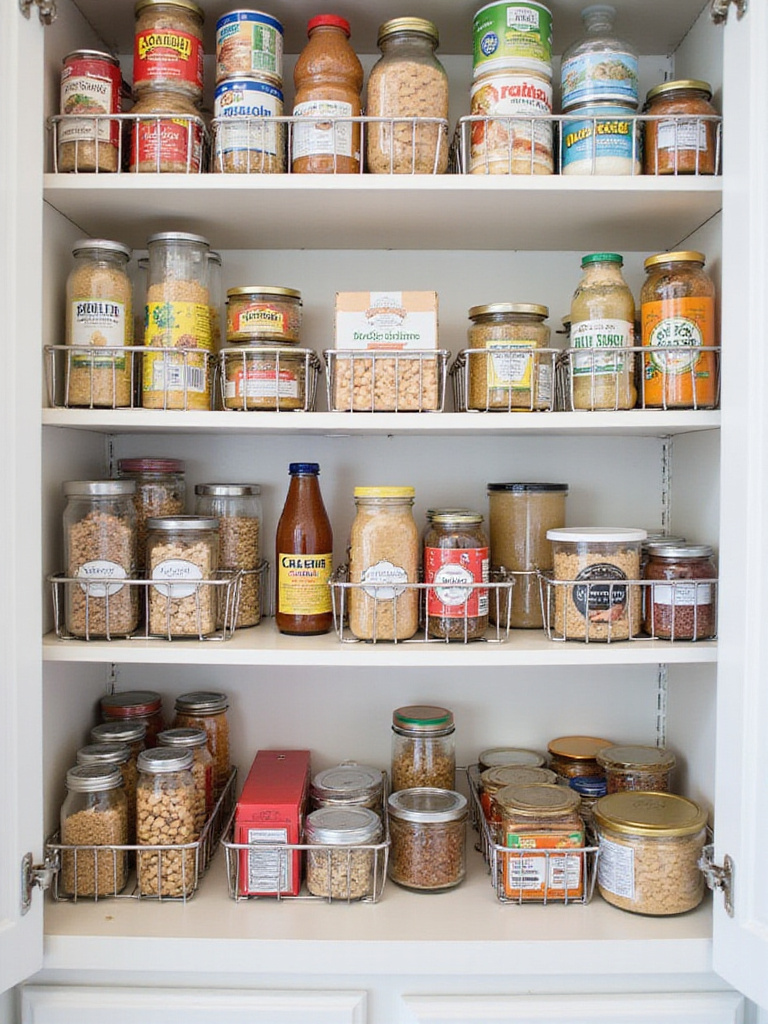 Pantry shelf organized with wire shelf risers to maximize vertical space.