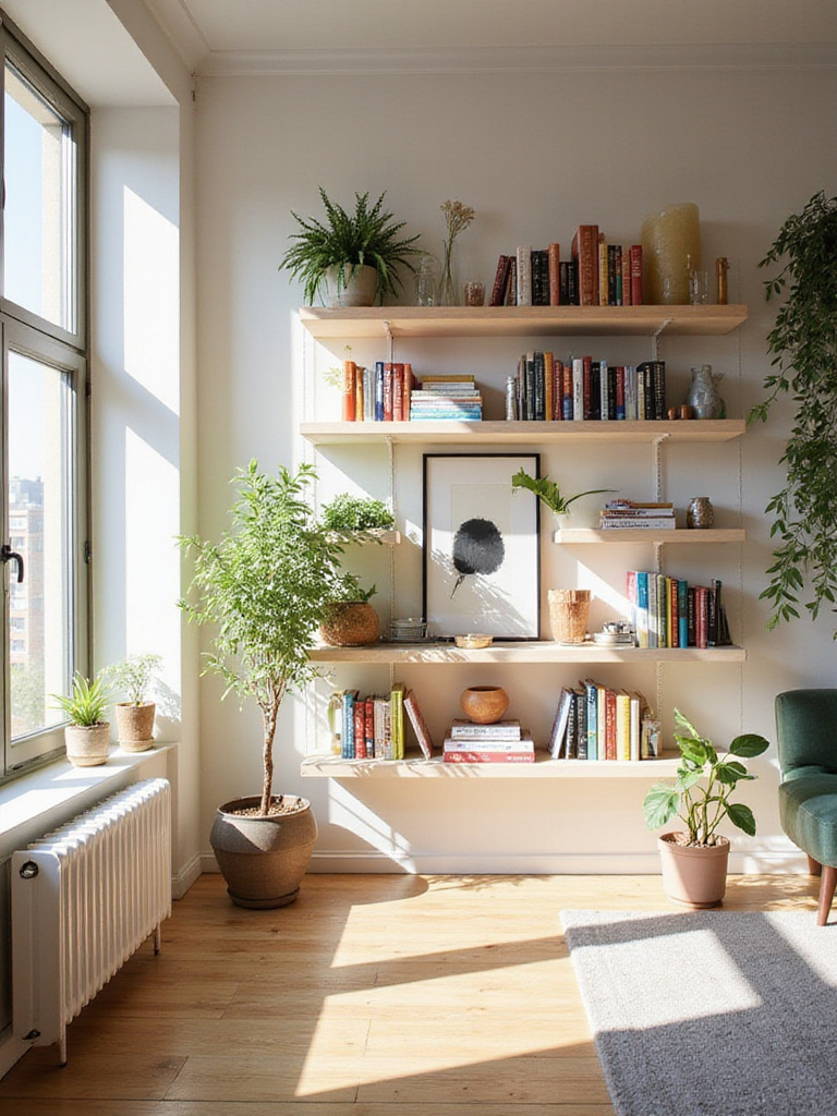 Apartment living room with tall vertical bookshelf filled with books, plants, and decor.