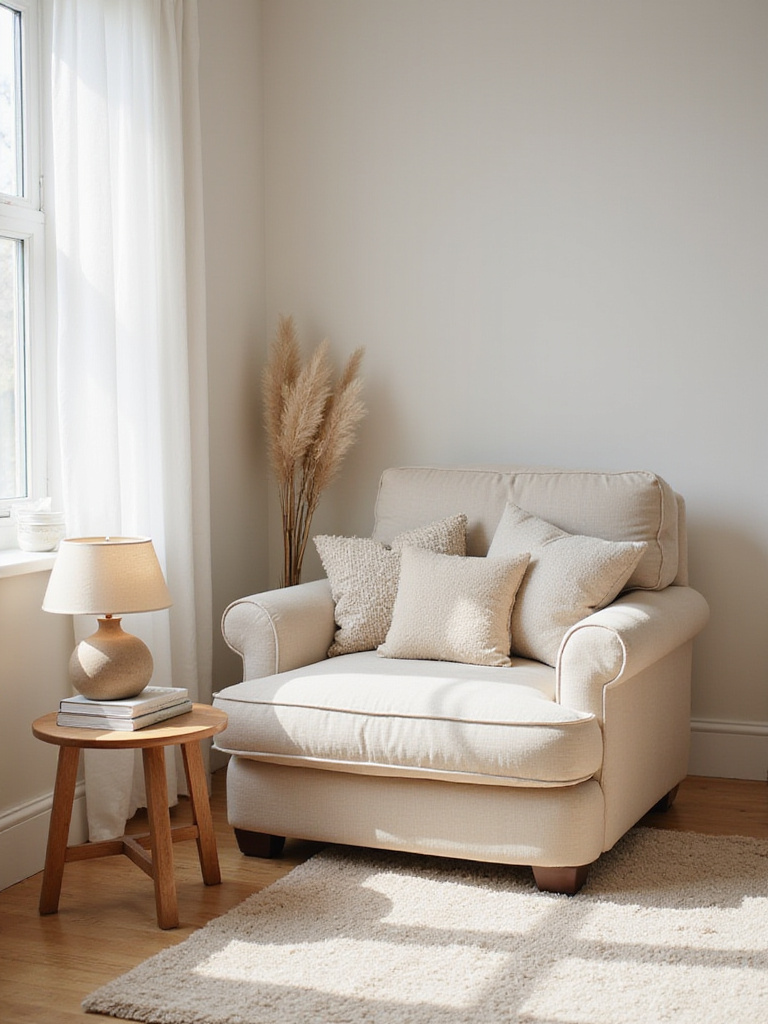 Cozy reading nook in bedroom with comfortable armchair, throw pillows, and warm lighting.