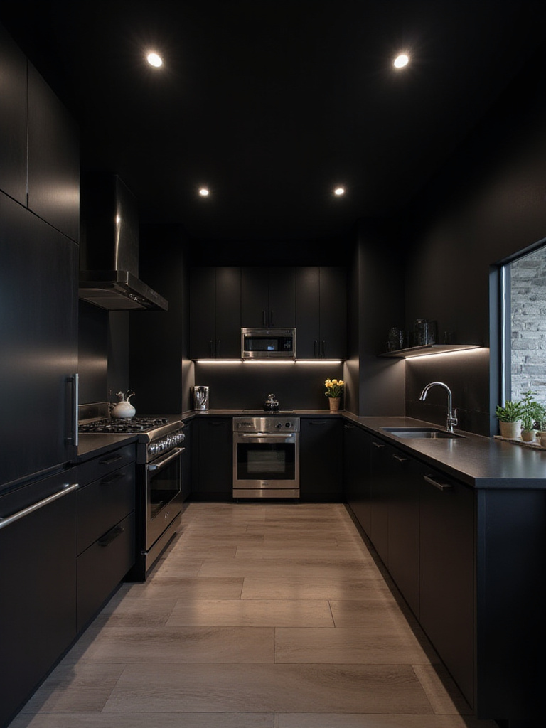 Modern black kitchen illuminated with recessed lighting