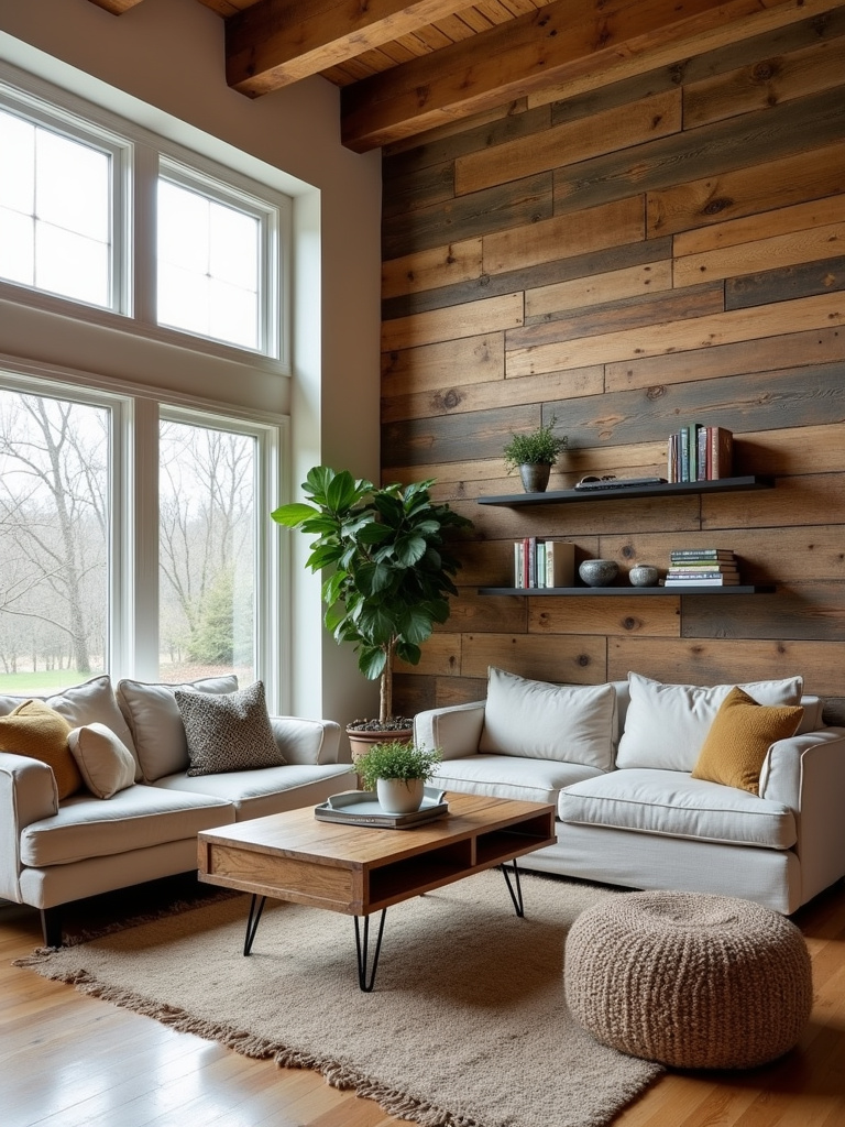 Rustic living room with reclaimed wood accent wall, shelves, and coffee table