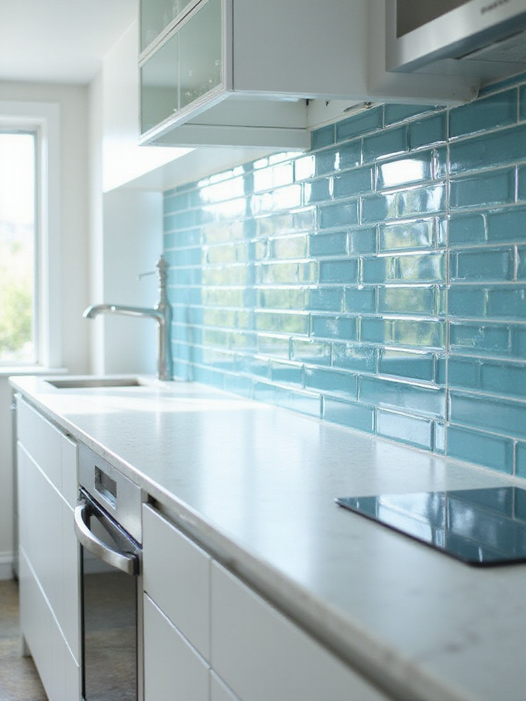 Modern kitchen with light blue glass tile backsplash reflecting natural light