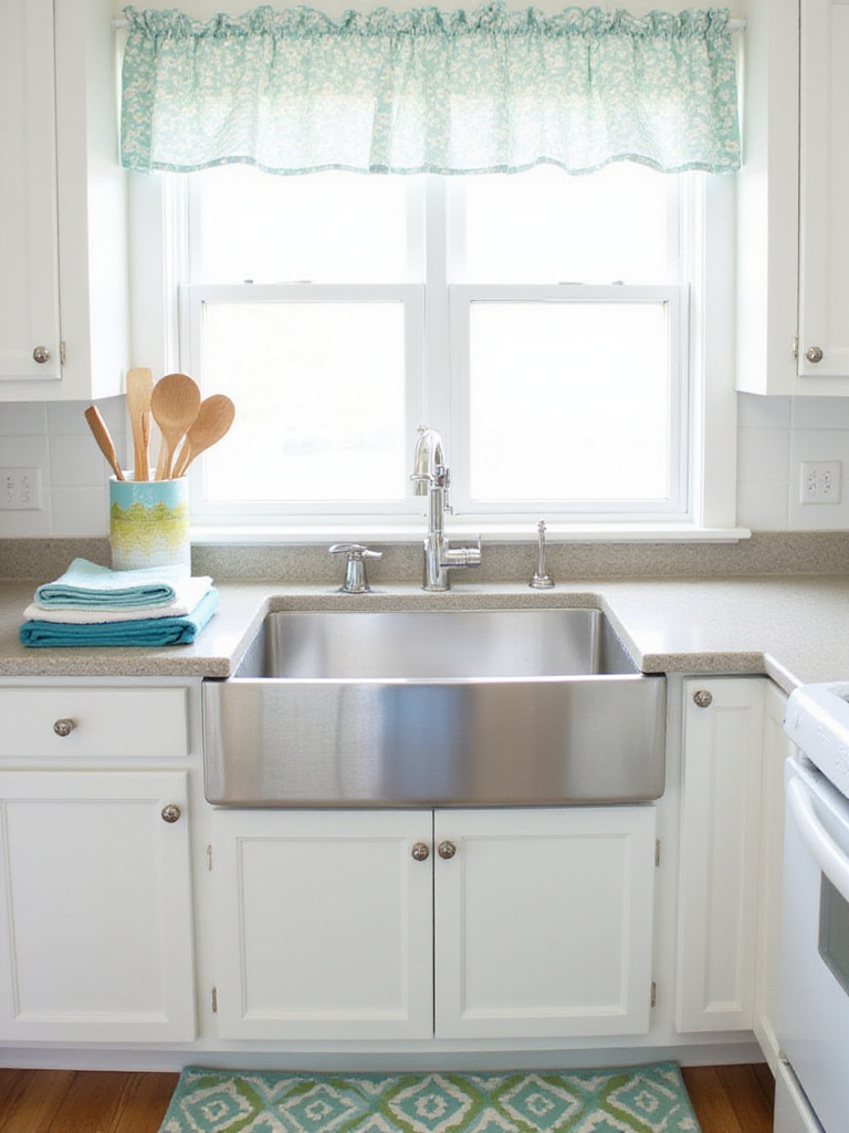 Budget-friendly kitchen refresh with colorful dish towels, patterned rug, and floral valance.