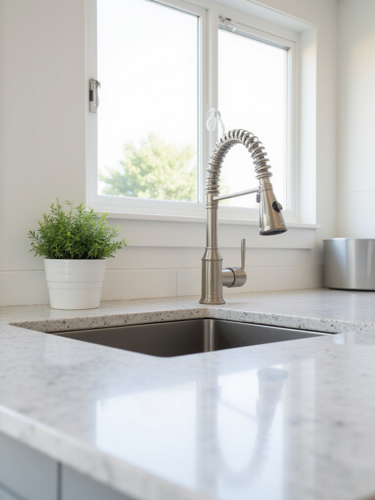 Modern kitchen sink area with new brushed nickel faucet