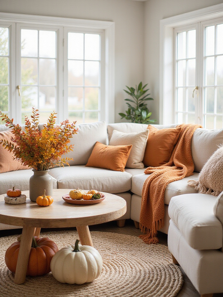 Living room decorated for autumn with warm colors and natural elements.