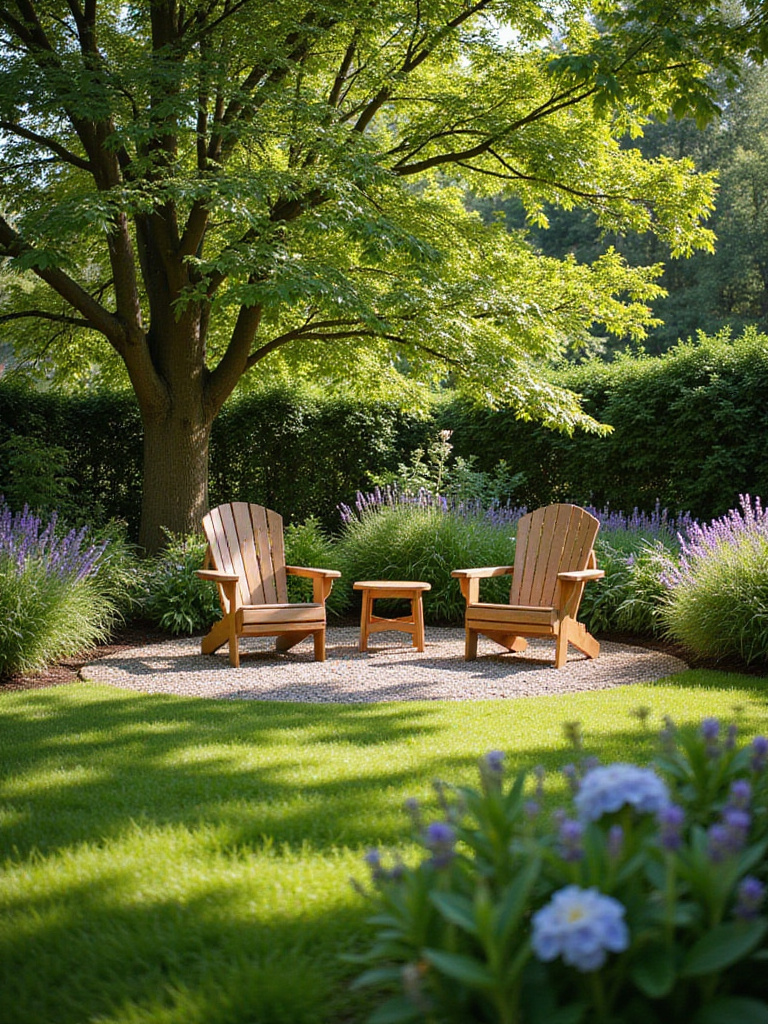 Cozy lawn seating area with Adirondack chairs surrounded by flowers