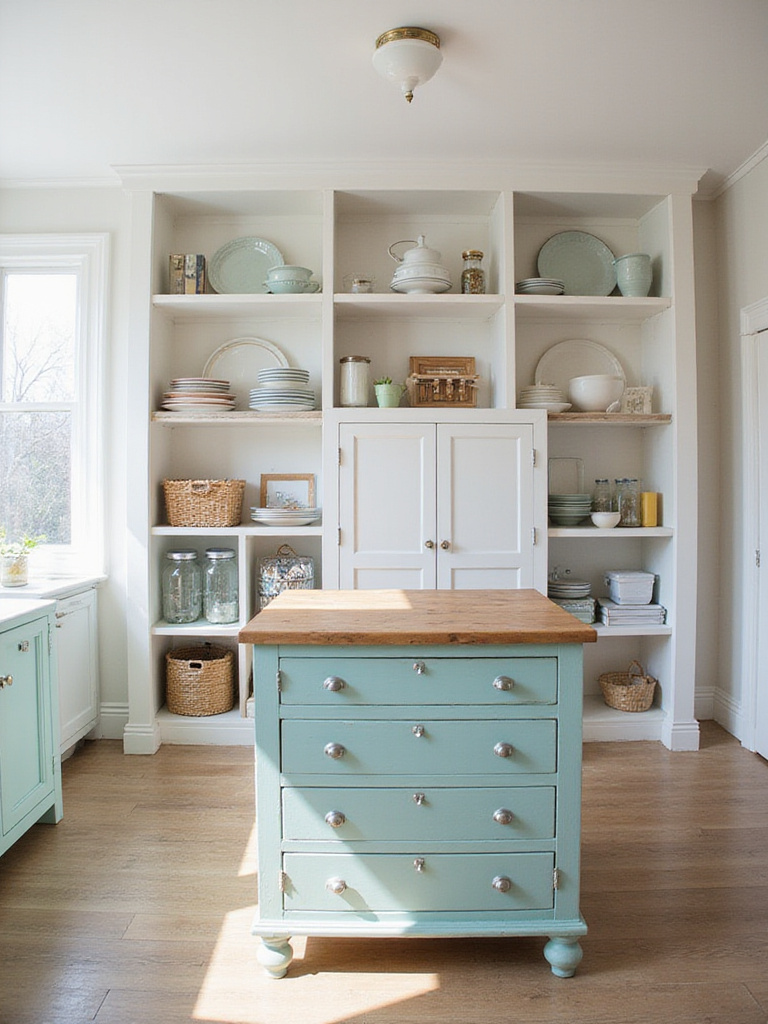 Repurposed dresser as kitchen island and bookshelf as pantry in farmhouse kitchen
