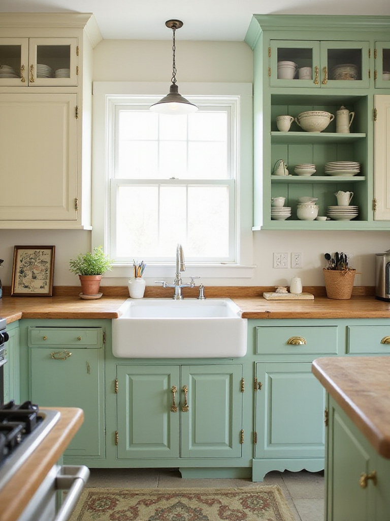 Kitchen with repurposed and refinished vintage cabinets in pastel colors.