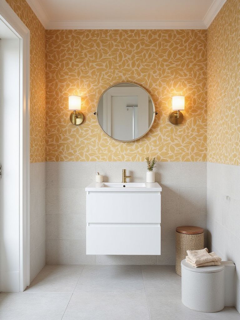 Retro geometric wallpaper in a modern bathroom setting
