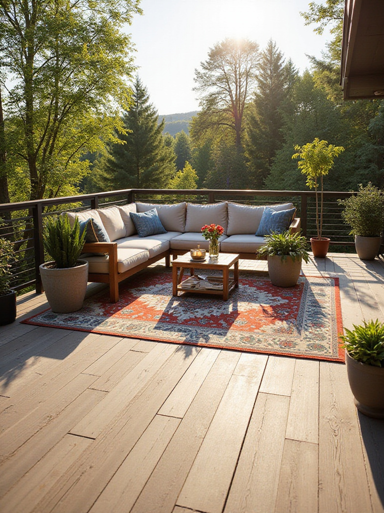 Chic outdoor rug defining a lounge area on a modern deck