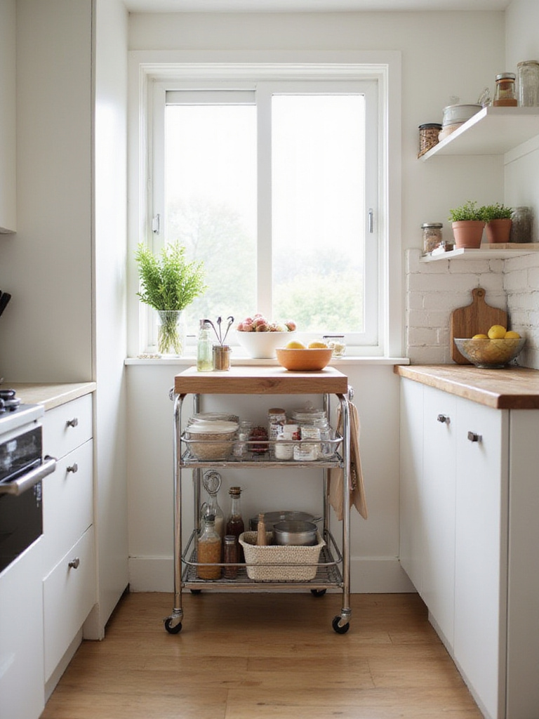Rolling kitchen cart with butcher block top adding prep space in a small, modern kitchen.