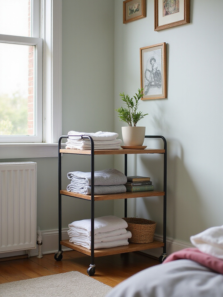 Rolling storage cart in a bedroom corner holding folded clothes, books, and a plant.
