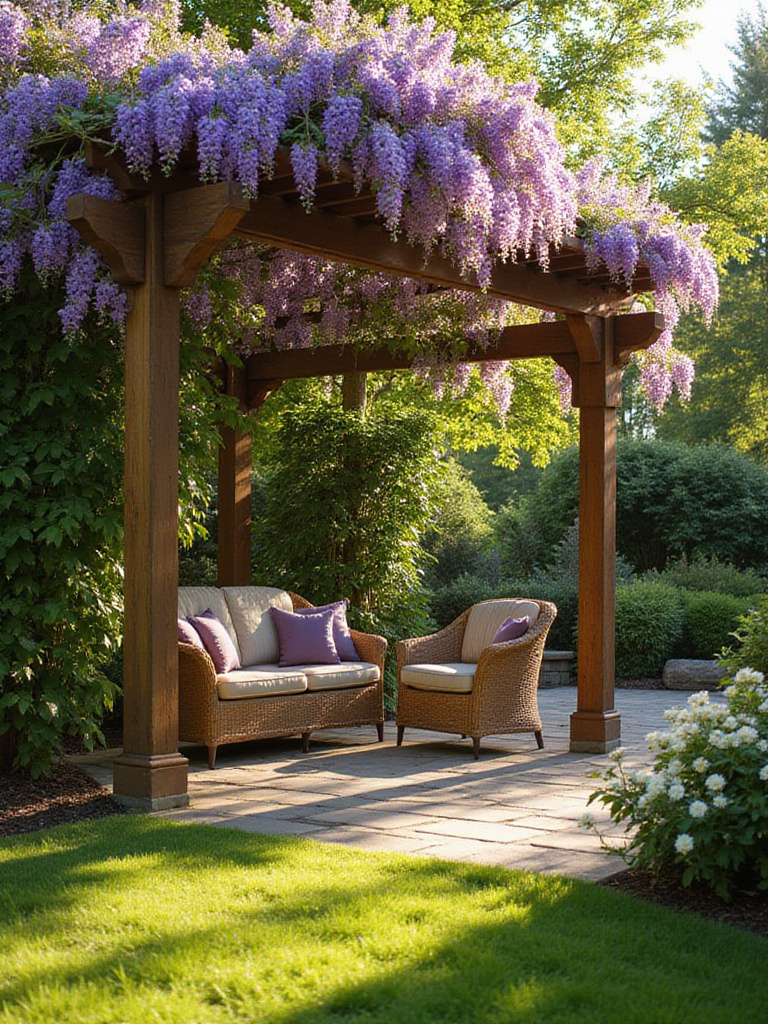 Pergola in lawn garden with climbing vines and patio furniture