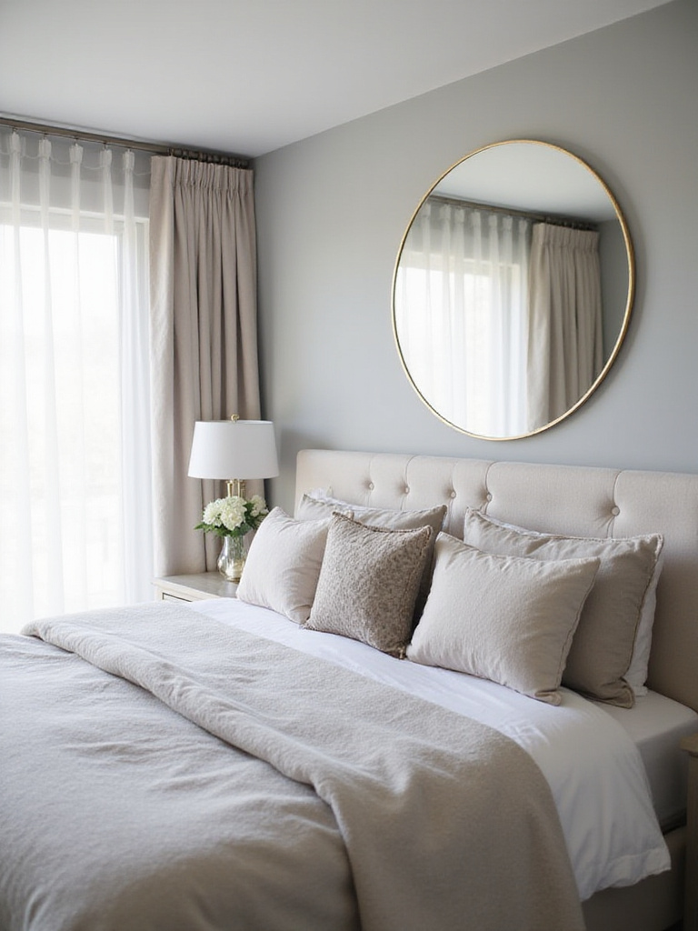 Elegant master bedroom featuring a large round gold-framed mirror above the bed.