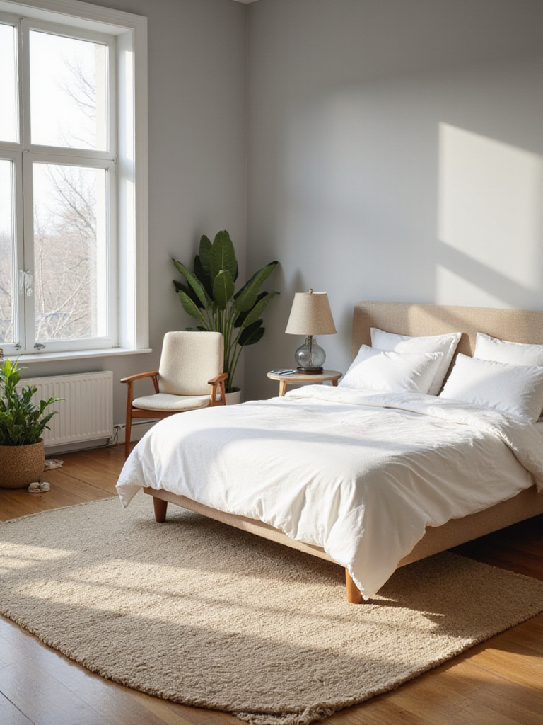 Apartment bedroom with a large area rug partially under the bed and a smaller rug defining a reading nook.