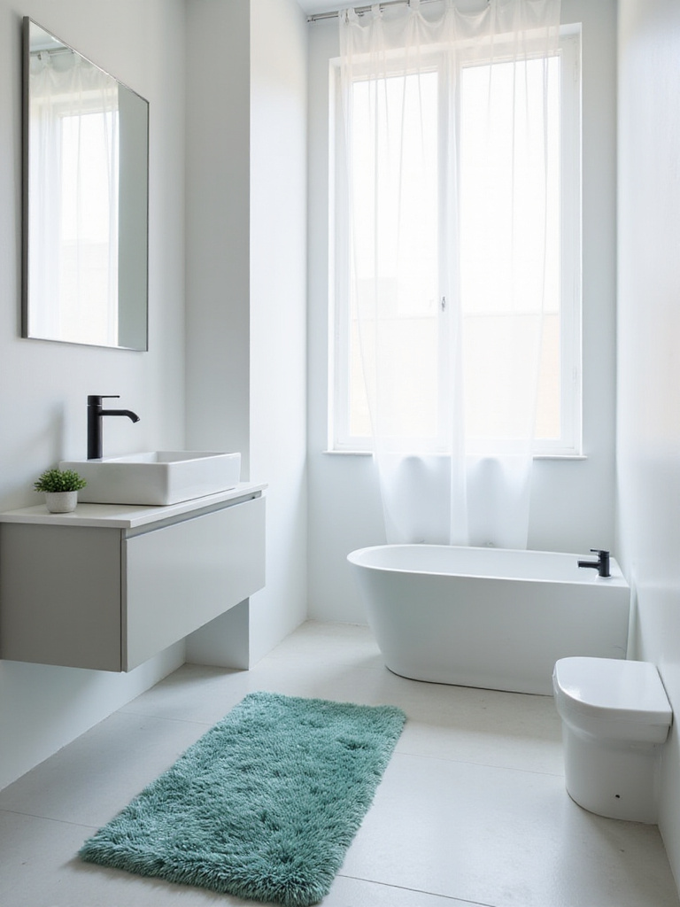 Modern bathroom with teal textured rug in front of vanity