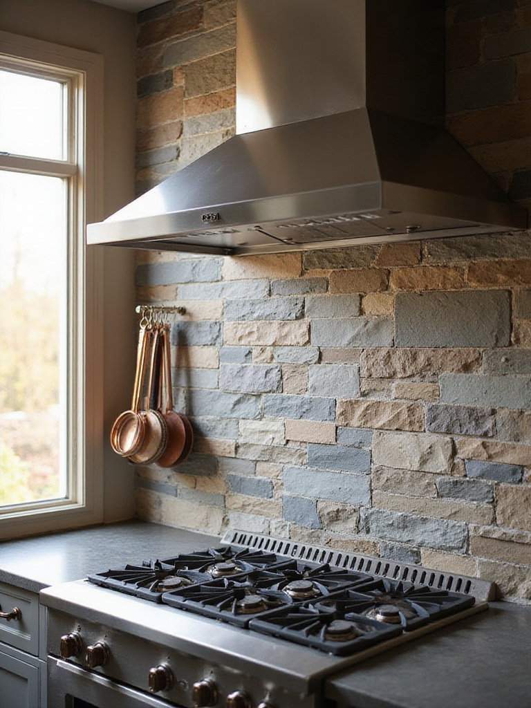 Rustic kitchen backsplash featuring natural slate tiles with stainless steel range hood.