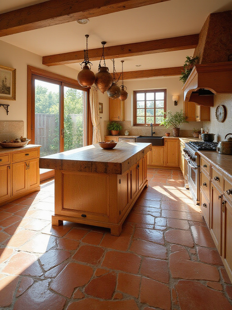 Kitchen with terracotta tile floor and Mediterranean design