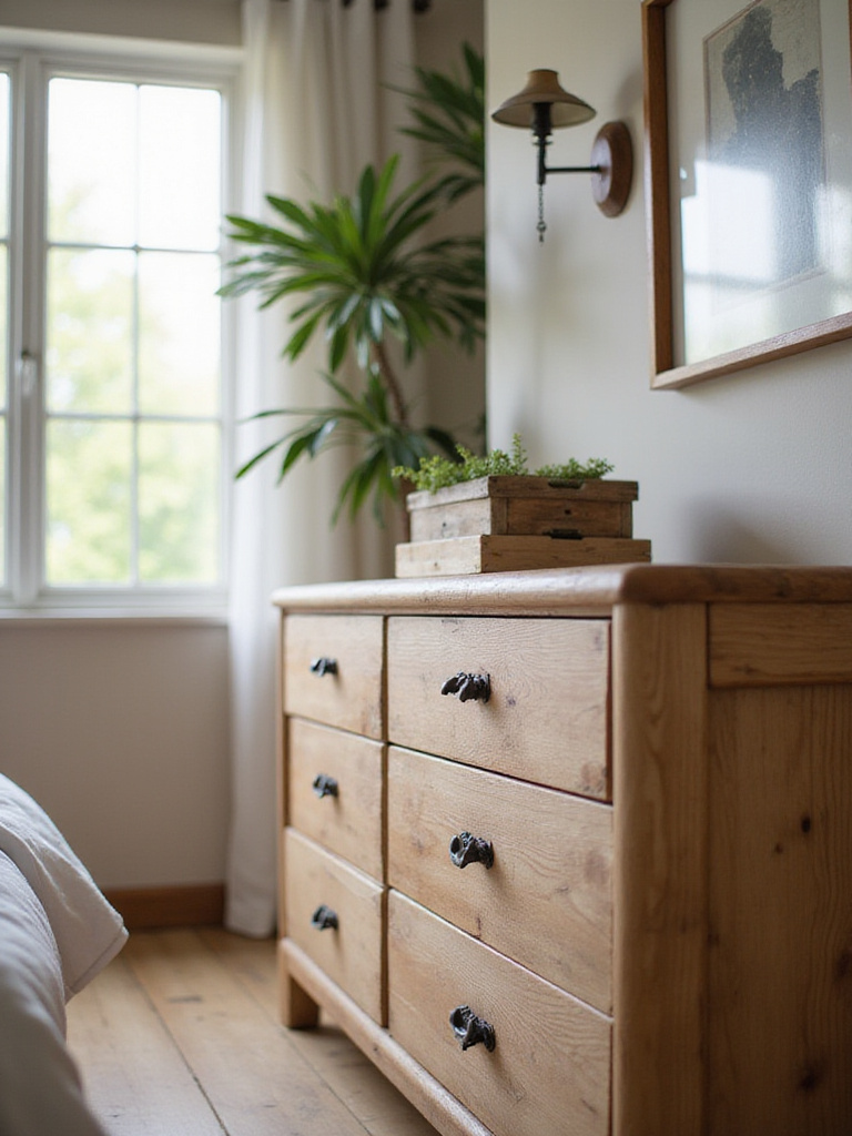 Rustic wood dresser with natural grain finish in a bedroom setting.