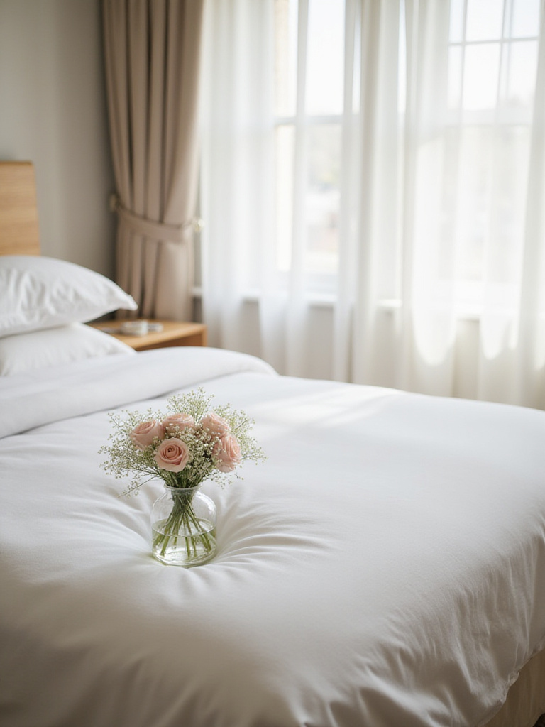 Romantic bedroom with white linens and a vase of blush roses on the nightstand.