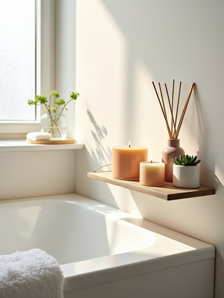Apartment bathroom with candles and diffuser on a shelf, creating a relaxing atmosphere.