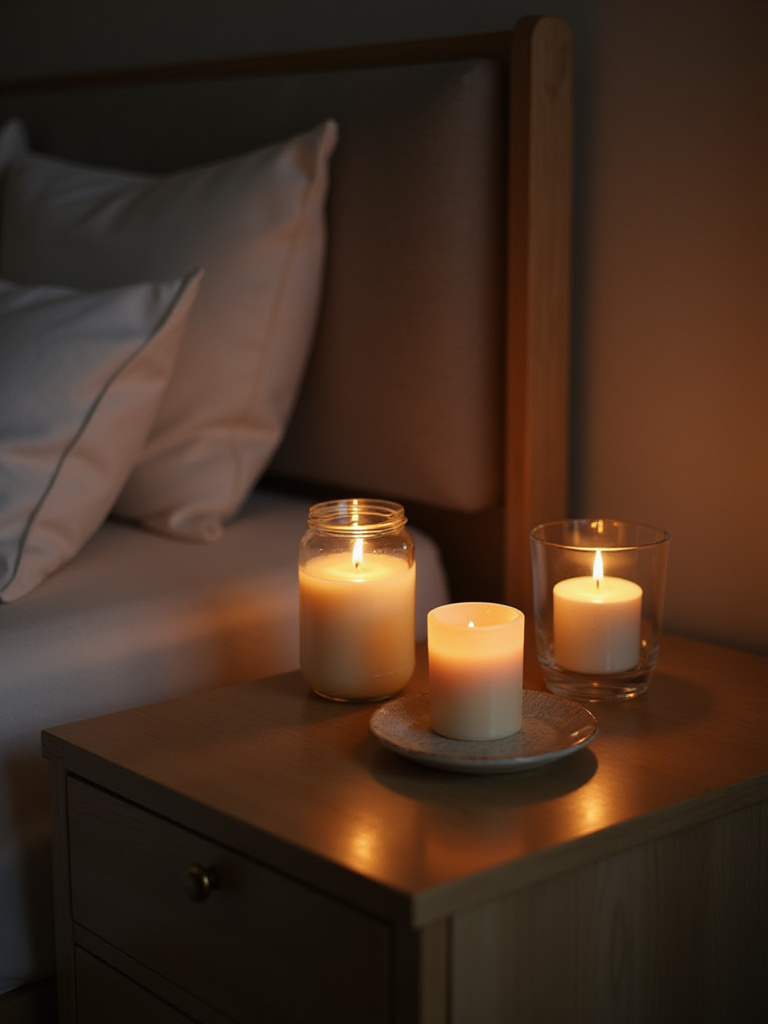 Candles on a nightstand creating a relaxing bedroom ambiance