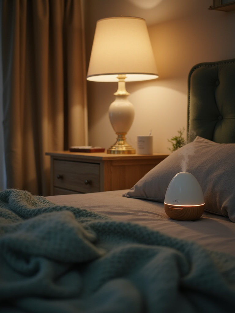 Cozy bedroom with aromatherapy diffuser emitting relaxing scent.