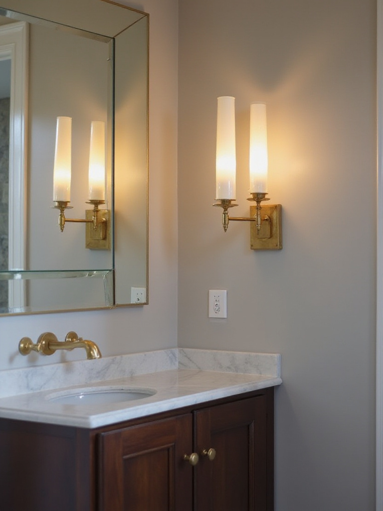 Bathroom vanity with symmetrical wall sconces providing soft lighting.