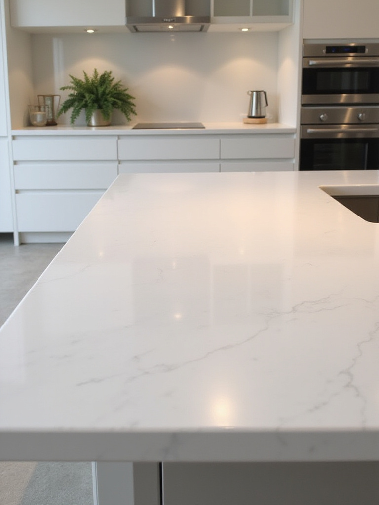 Modern kitchen island featuring a seamless white solid surface (Corian) countertop with integrated sink.
