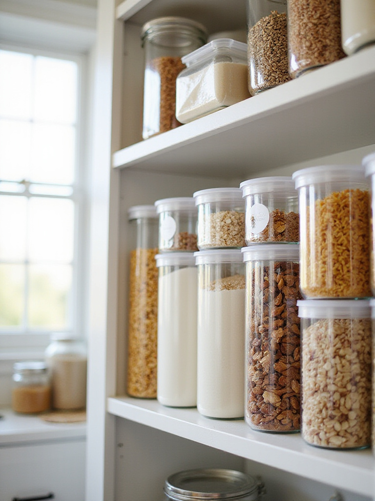 Organized pantry with clear containers storing dry goods