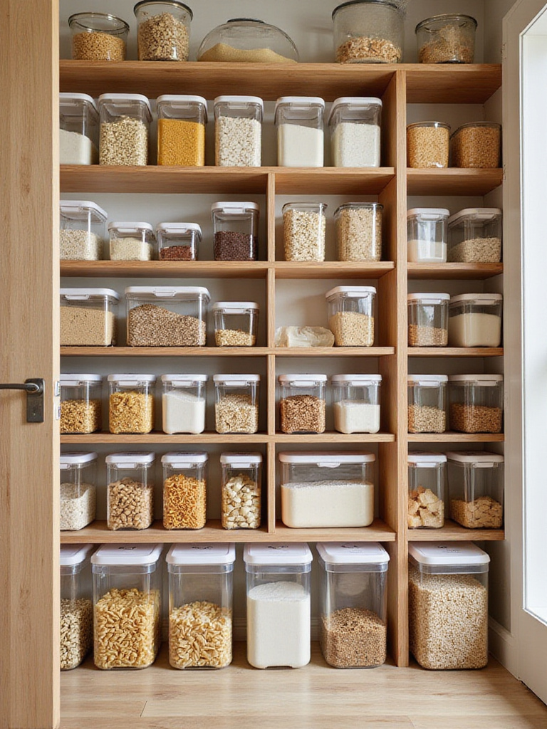 Organized pantry with clear containers showcasing dry goods.