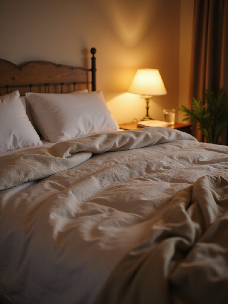 Bedroom with layered bedding catering to different temperature preferences for couples.