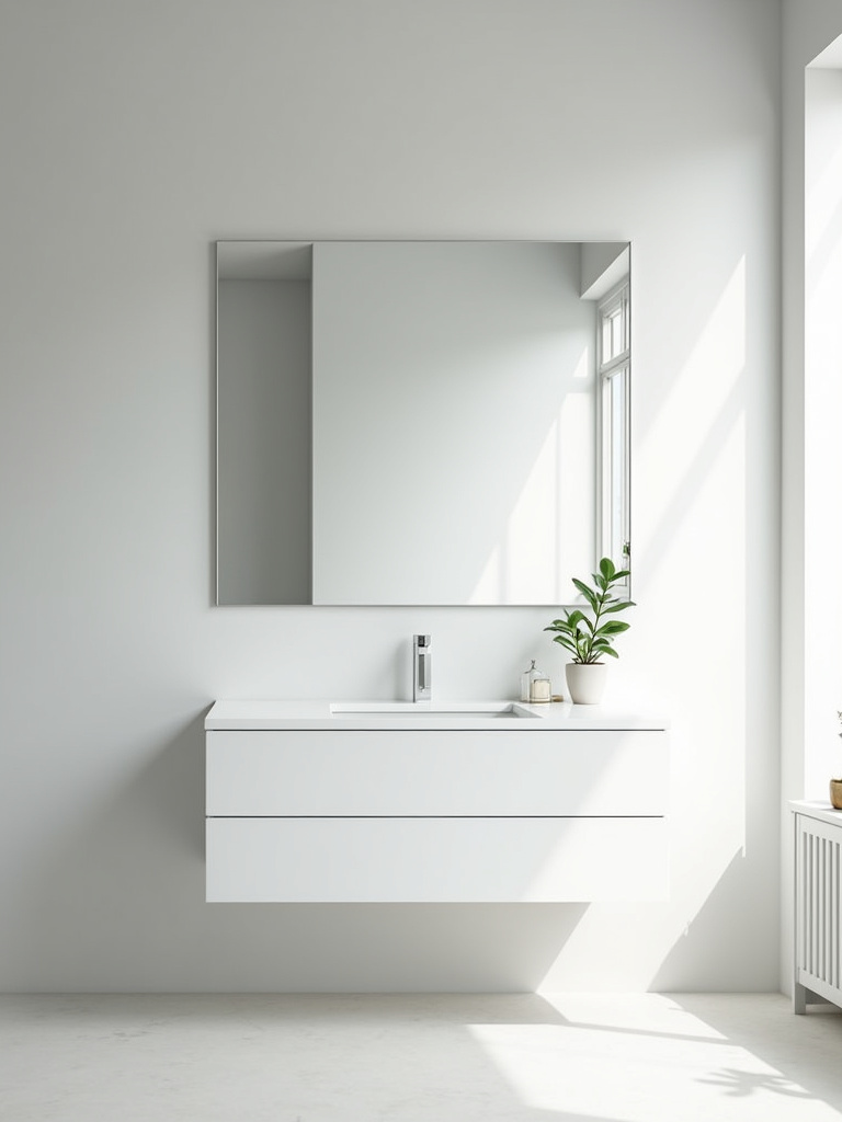Minimalist bathroom with frameless mirror reflecting light and space