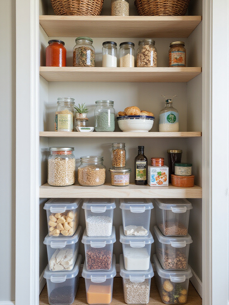 Pantry organization with clearly separated cleaning supplies in labeled bins on lower shelves.