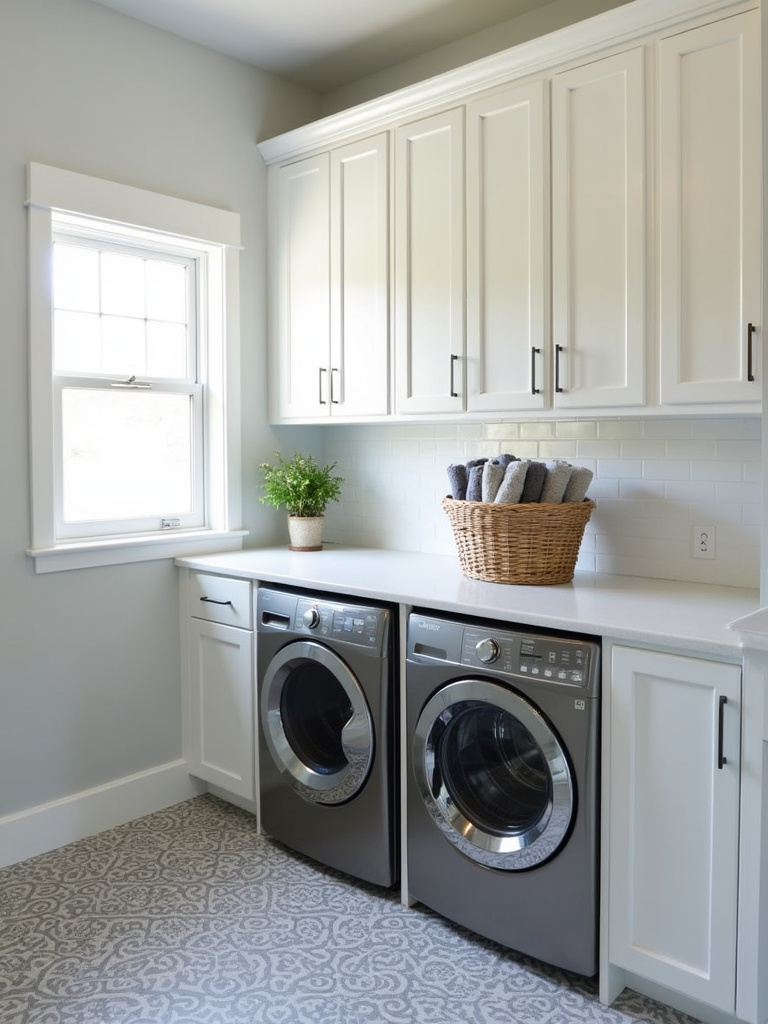 Modern gray laundry room with white cabinets and stainless steel appliances