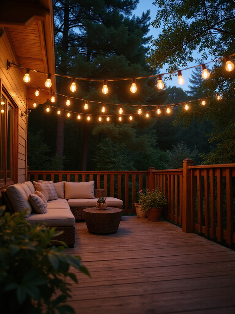 Deck decorated with string lights for magical ambiance