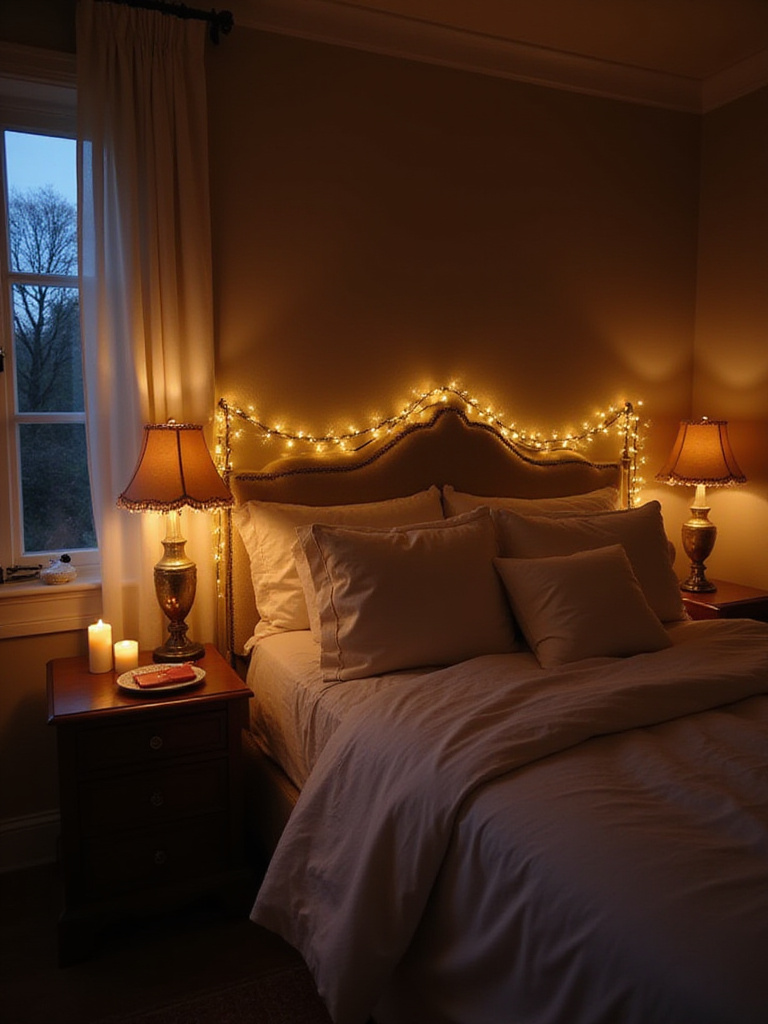 Romantic bedroom with soft, dreamy lighting from lamps and candles
