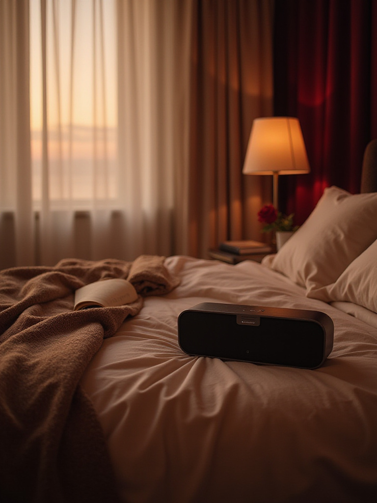 Romantic bedroom with soft lighting and a Bluetooth speaker on the nightstand.