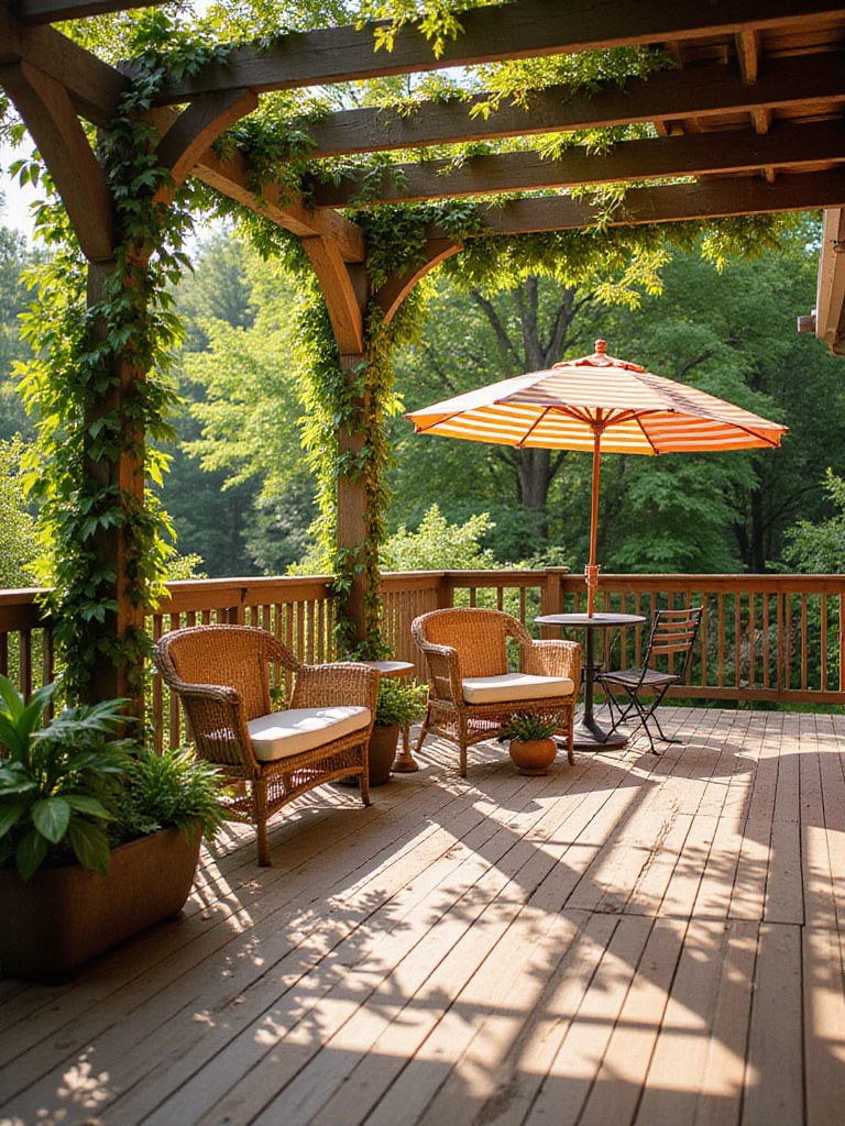 Deck decorated with pergola, awning, and umbrella for stylish shade.