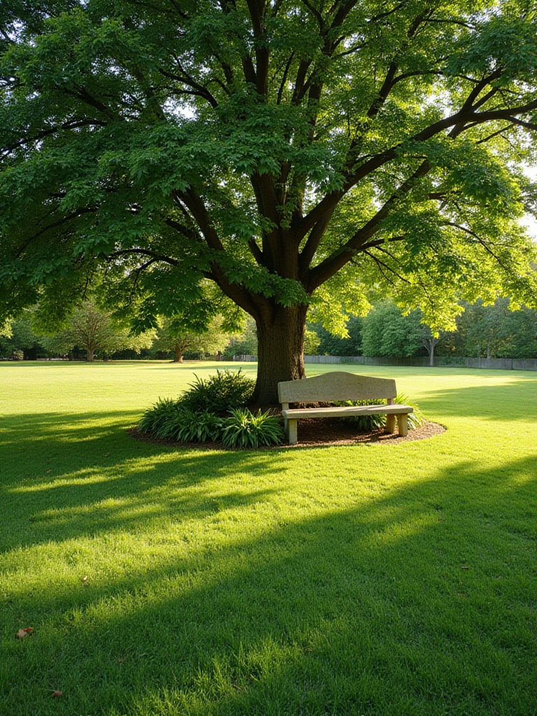 Lawn garden with a majestic oak tree providing shade and visual height.