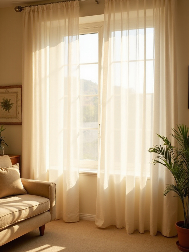 Living room with sheer curtains filtering sunlight