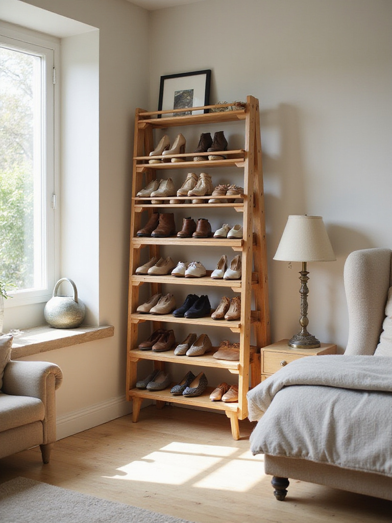 Organized bedroom with a stylish wooden shoe rack holding various pairs of shoes.