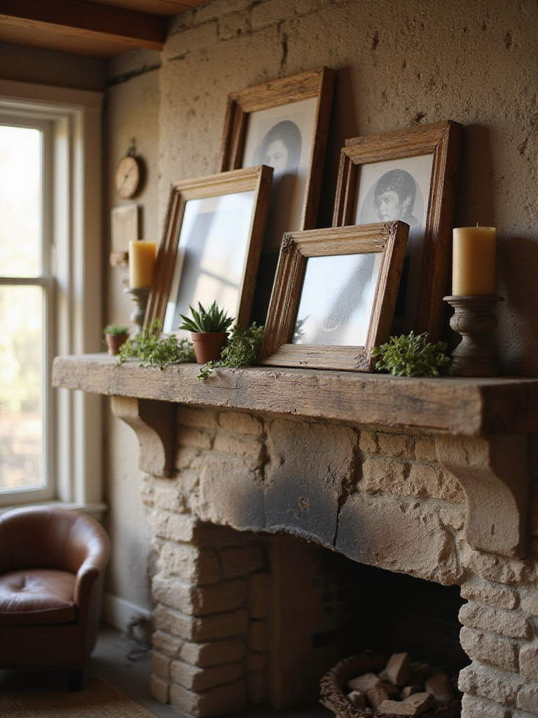 Weathered wood picture frames displaying family photos on a rustic mantelpiece in a cozy living room.