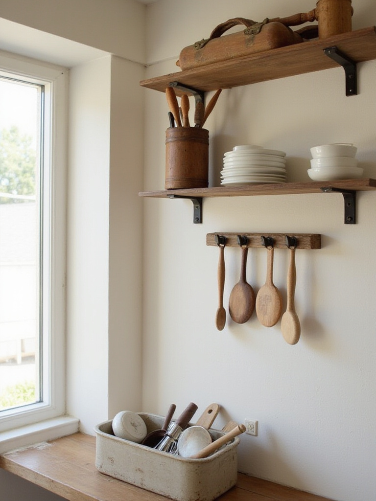 Farmhouse kitchen open shelving displaying vintage rolling pins and baking tools.