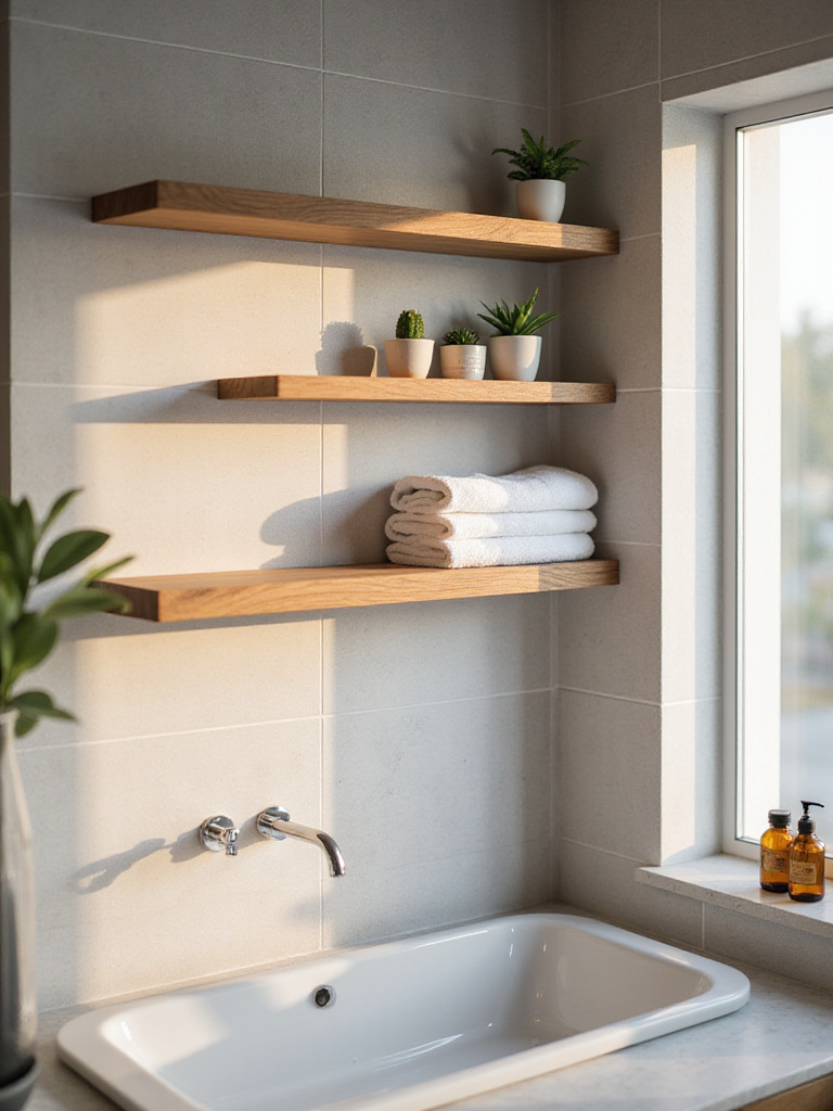 Modern bathroom with open wooden shelving displaying towels, plants, and apothecary bottles.